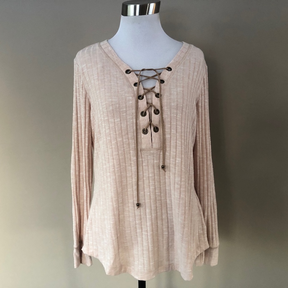 Ribbed Pullover Vintage America Beige Pink Long Sleeves Lace Up Henley Neck